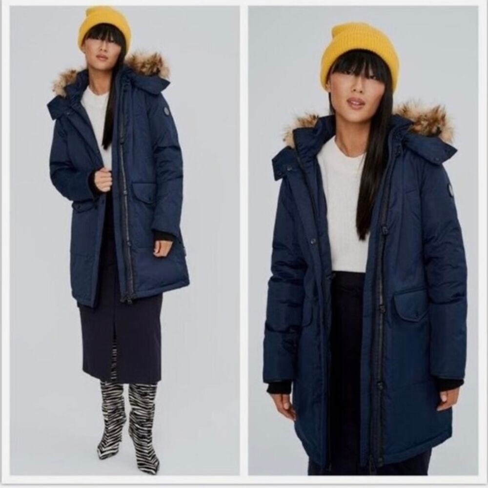 Noize Nora Fur Trim Hooded Parka Jacket In Navy Marine Size XS